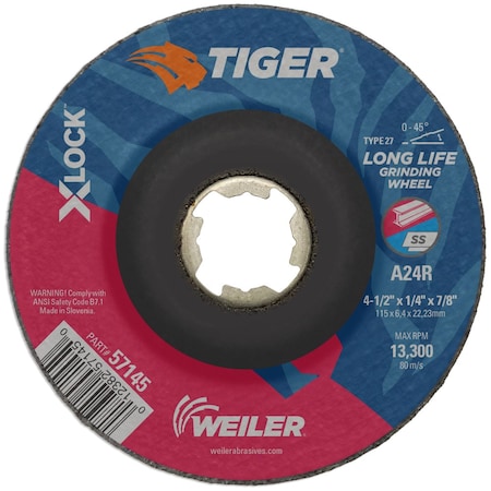 Weiler 4-1/2" x 1/4" TIGER AO Type 27 Grinding Wheel, A24R, X-LOCK Arbor Hole 57145